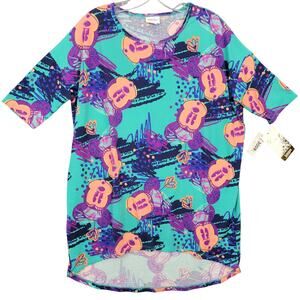 LuLaRoe Irma Green Mickey Mouse Shirt NEW Stretch Tunic Short Sleeves Women's S